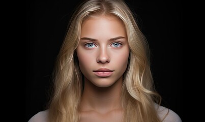A woman with long blonde hair and blue eyes - obrazy, fototapety, plakaty