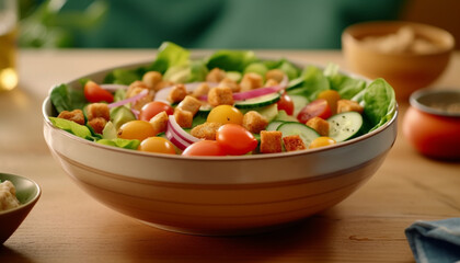 Fresh vegetarian salad bowl with organic ingredients and multi colored vegetables generated by AI