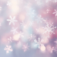 Fototapeta na wymiar Christmas Blurred Frozen Snowflakes on Light Silver and Bokeh Effect. Simple Winter Light Pink Background with Snowy Ornaments