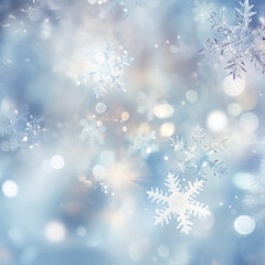 Fototapeta na wymiar Christmas Blurred Frozen Snowflakes. Light Silver, Blue and Bokeh Effect Winter Background. Snowy Ornaments and Copy Space.