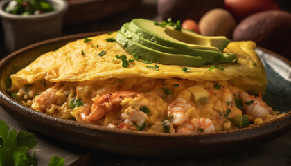 Healthy vegetarian omelet with fresh guacamole on rustic wood plate generated by AI
