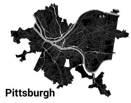 Pittsburgh city map, Pennsylvania, United States. Municipal administrative borders, black and white area map with rivers and roads, parks and railways.