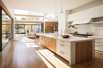 Sleek contemporary kitchen with white and wooden elements and a spacious island. Generative AI
