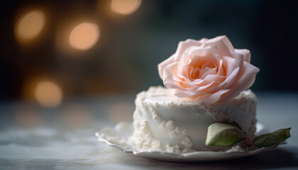 Romantic wedding celebration with elegant flower decoration and gourmet dessert generated by AI