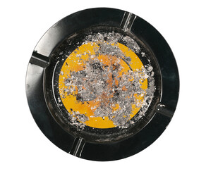 Metal ashtray with cigarette ash isolated on white, top view, clipping