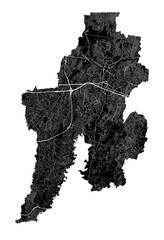 Bekasi map. Detailed black map of Bekasi city poster with roads. Cityscape urban vector. Black land with white roads and avenues.