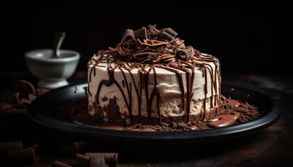 Indulgent chocolate cake slice with creamy icing and dark cocoa powder generated by AI