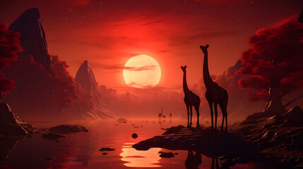 Giraffe - Wildlife Background - Sunset Wonder and Beautiful Gold dinosaurs nature
