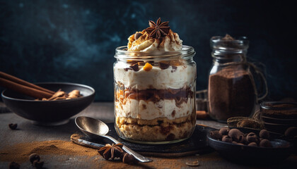 Rustic dessert table with homemade chocolate granola and fresh fruit generated by AI