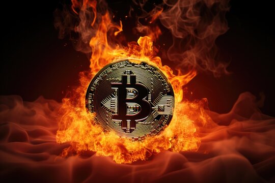 Bitcoin BTC coin burning in flammes - AI Generated
