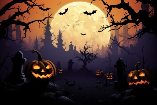 Digital Illustration of halloween night in cemetery with pumpkins. Generative AI