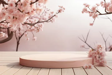 Poster winter wooden podium mockup for cosmetics, products,perfumes or jewelry with spring Cherry blossom background，spring sakura © LeoOrigami