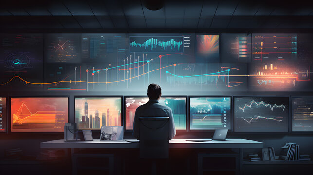 Young man trader at computer screen with trading charts watching stock trading market financial data growth concept, close up.