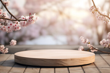 winter wooden podium mockup for cosmetics, products,perfumes or jewelry with spring Cherry blossom background，spring sakura - obrazy, fototapety, plakaty