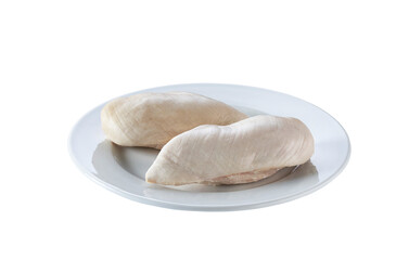 boiled chicken breast in a ceramic plate isolated on white background.