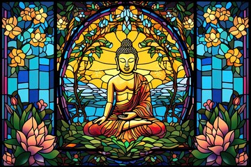Obraz premium Buddha framed by a breathtaking landscape in the style of stained glass art.
