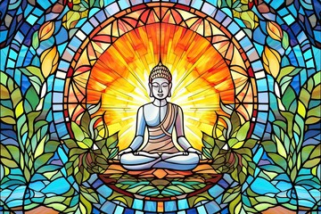 Buddha framed by a breathtaking landscape in the style of stained glass art.