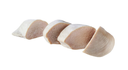 Boiled chicken meat isolated on a white background.