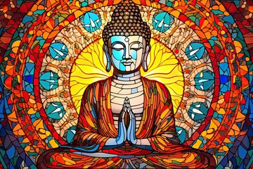 Obraz premium Buddha framed by a breathtaking landscape in the style of stained glass art.