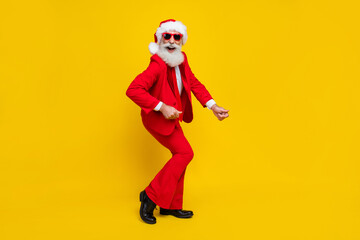 Full body photo of nice positive aged man enjoy dancing clubbing chilling isolated on yellow color background