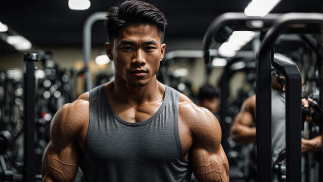 Young Asian bodybuilder posing and working out in the gym