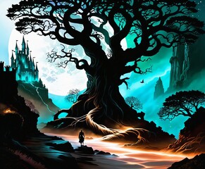  a breathtakingly ethereal fantasy concept art featuring the depths of an ancient gnarled tree. Fantasy