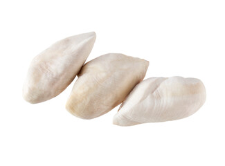 boiled chicken fillet on white background.  Top view.  boiled chicken meat isolated .