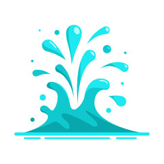 Water splash in the flat cartoon style isolated on white background. Blue water motion effects, flows, streams, spills. Falling aqua drops. Vector illustration