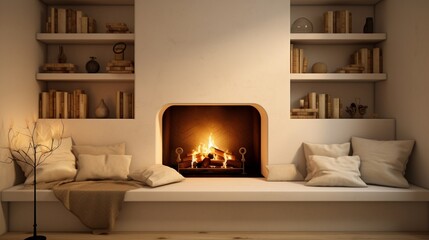 A cozy fireplace nook with built-in bench seating