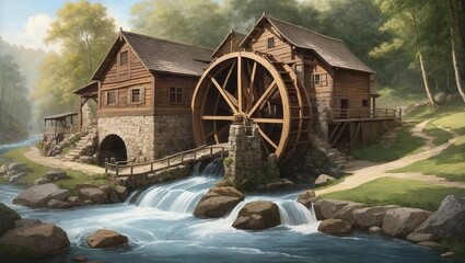 old mill in the river - obrazy, fototapety, plakaty