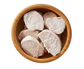 Pieces of boiled chicken breast in a wooden plate isolated on white background. Top view.