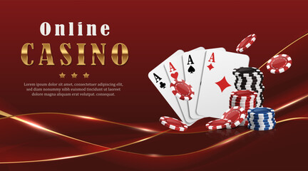 Casino online background. Red luxury wavy banner with golden lines. Cards and flying playing chips.