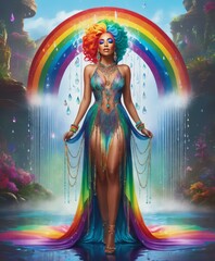 a woman with vibrant rainbow hair  dress is embellished with water droplets, each reflecting a spectrum of colors. The background is a fantastical setting with a few drops of water. Fantasy