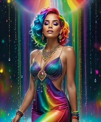 a woman with vibrant rainbow hair dress is embellished with water droplets, each reflecting a spectrum of colors. The background is a fantastical setting with a few drops of water. Fantasy