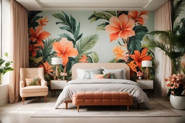  modern guest room with a city view elegant Creative painted tropical floral pattern