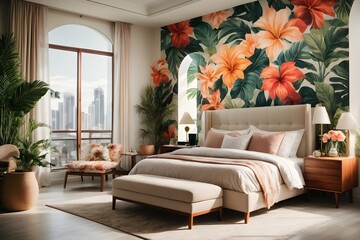  modern guest room with a city view elegant Creative painted tropical floral pattern