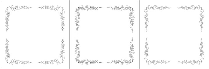 Set of three vector frames with wild violet flowers. Elegant black and white monochrome ornamental corners. Vector frame for all sizes and formats. Isolated vector illustration.
