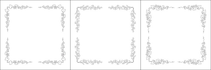 Set of three vector frames with wild violet flowers. Elegant black and white monochrome ornamental corners. Vector frame for all sizes and formats. Isolated vector illustration.