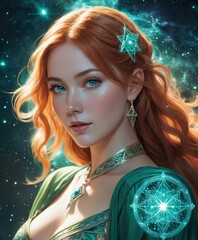  a woman with long hair and blue eyes, wearing a green dress. Fantasy