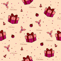 Christmas seamless pattern with gift boxes and elements background for wrapping paper, wallpaper, cover or decoration.