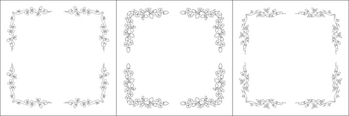 Set of three vector frames with clover flowers. Elegant black and white monochrome ornamental corners. Vector frame for all sizes and formats. Isolated vector illustration.