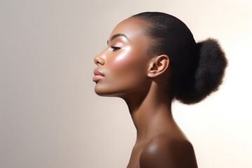 Black woman, facial profile and beauty in studio, isolated white background and mockup, Female model, face side and dermatology for skincare, aesthetic makeup and natural cosmetics for salon wellness
