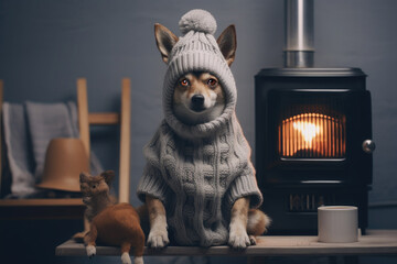 Chihuahua dog in a warm hat and sweater sits at home near the fireplace.