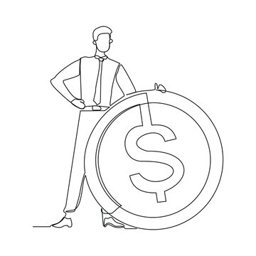 recommend clip art: Continuous single line sketch drawing art of business man with big money coin. Vector illustration one line of loss dollar coins money