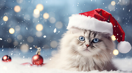 A gray cat in a Santa Claus red hat and New Year's decorations lies on the snow. Free space for product placement or advertising text.