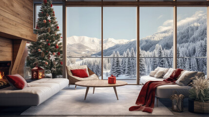 New Year's decorated hotel room or living room at home with snowy mountains view from the window.
