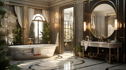 A bathroom with a sunken vanity and decorative wall panels