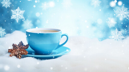 Obraz na płótnie Canvas Blue tea cup with saucer on a snowy surface. Free space for product placement or advertising text.
