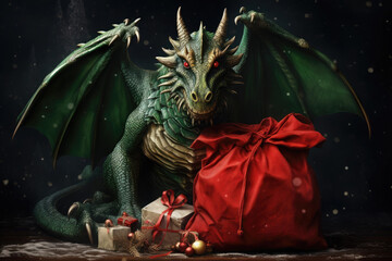 A big scary green dragon near a red bag and New Year gift boxes on a black background.