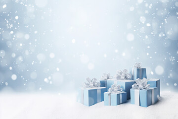 A pile of blue gift boxes with ribbons on a snowy New Year's background. Free space for product placement or advertising text.